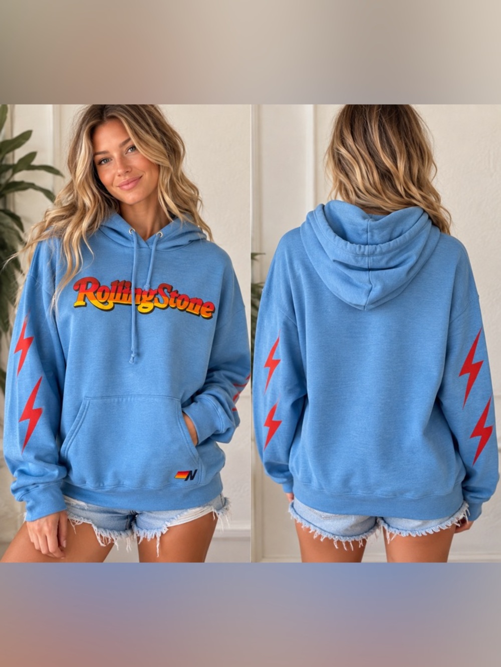 Aviator Nation Rolling Stone Hoodie Blue Lightning Bolt Rare